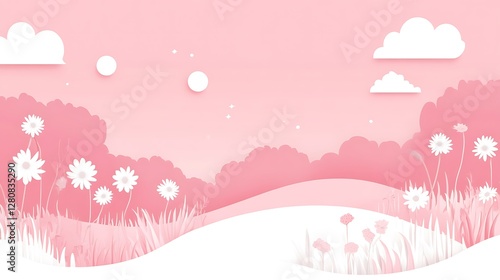 Pink Landscape with Daisies and Rolling Hills