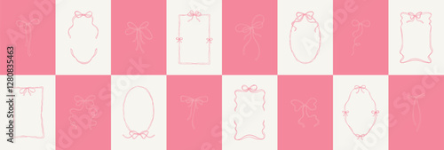 Set of oval and rectangle filigree whimsical bow ribbon frames. Valentines day, Christmas, menu, New year, wedding, bachelorette party invitation and card vintage hand drawn template. Trendy pastel