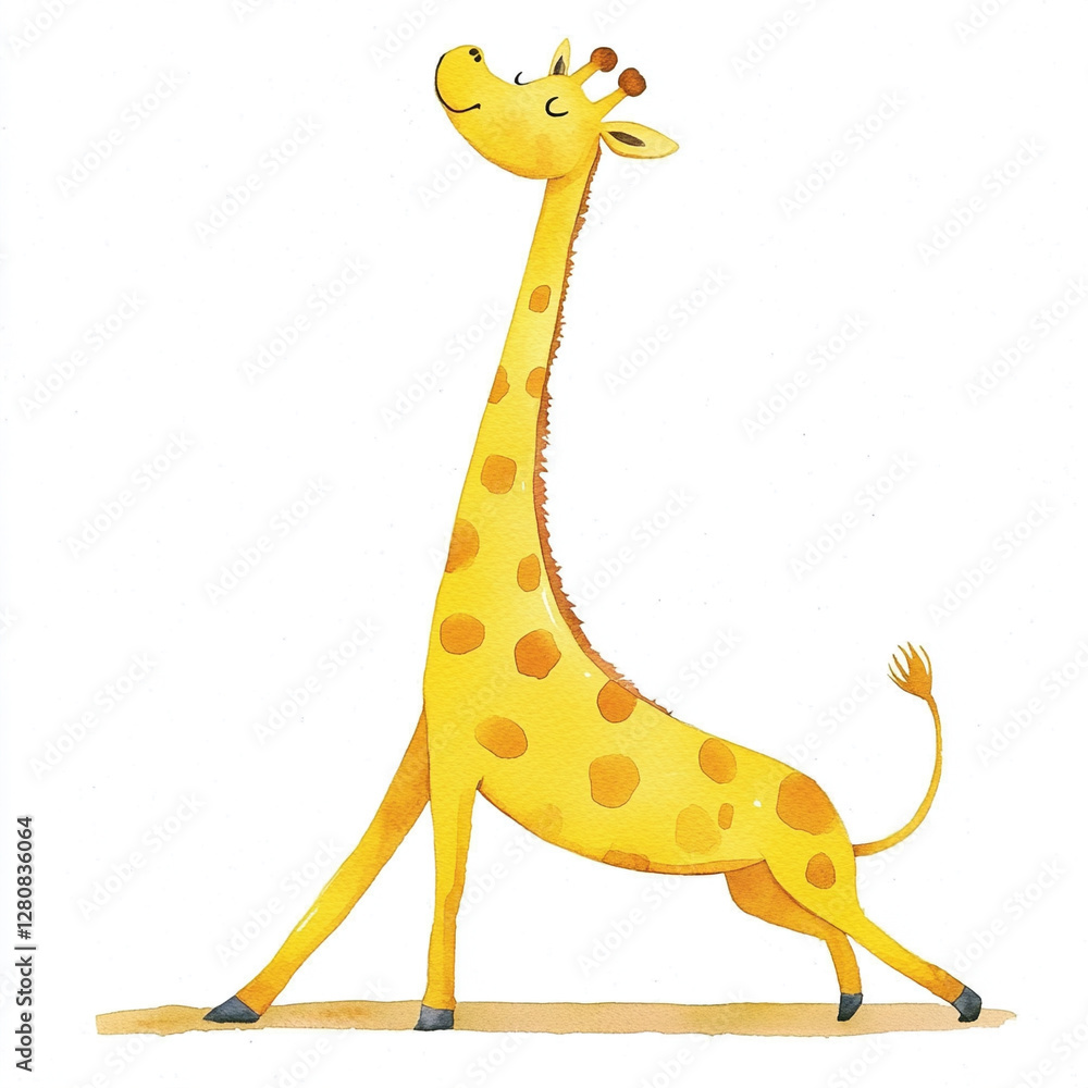 Minimalist Stretching Yellow Giraffe Isolated on White Background Perfect for Nature and Wildlife Themes Ideal for Art Design and Educational Purposes in Various Media