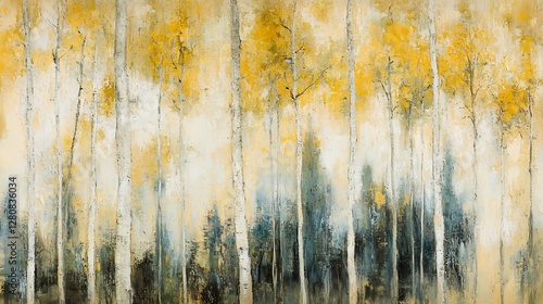 Golden aspen grove autumn landscape, peaceful nature scene, home decor art
