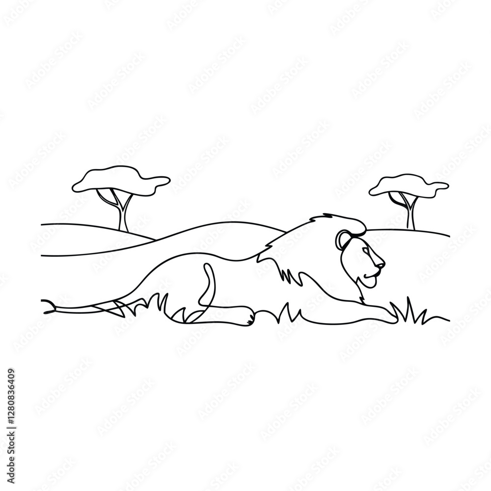 Fototapeta premium African Lion Resting in Savanna, OneLine Drawing, Wildlife Art