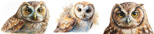 Watercolor owl portraits, detailed bird illustrations, wildlife art, nature-inspired design, animal lovers, decorative prints.