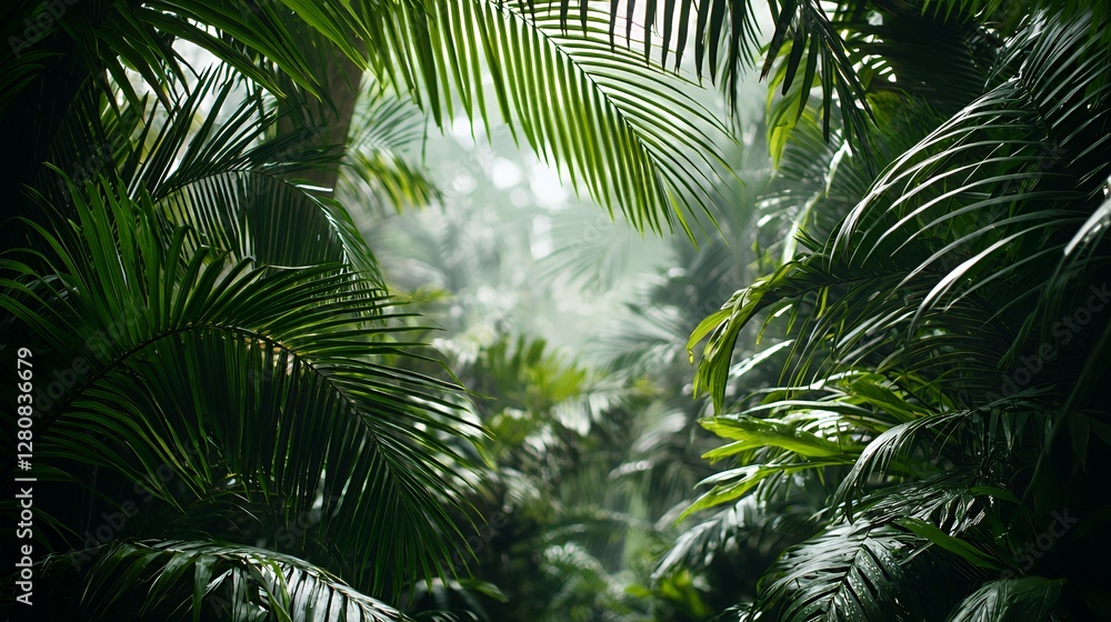 Fototapeta premium Lush Green Tropical Jungle with Sunlight and Mist