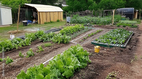 Vegetable garden rows with irrigation system in backyard photo