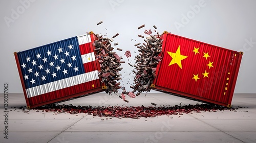 Dramatic scene of massive shipping containers one painted with the US flag and the other with the China flag colliding mid air and exploding into metallic shreds photo