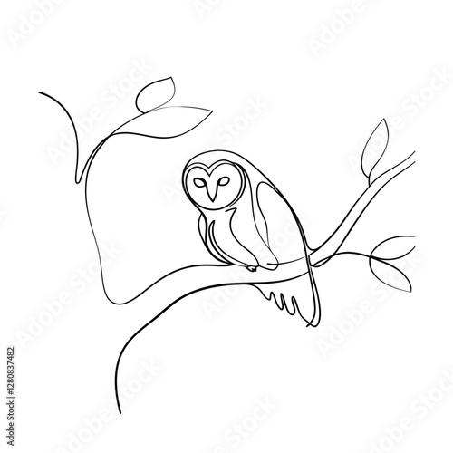 Barn Owl perched on a branch, minimalist line art drawing