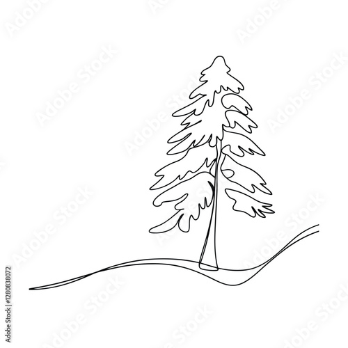 Single Line Drawing of Evergreen Conifer Tree on Hill