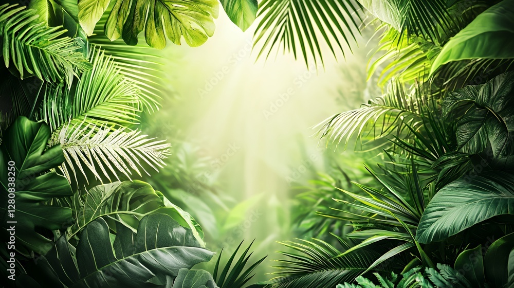 Lush Green Tropical Jungle with Sunlight Streaming Through Dense Foliage Lush Green Tropical Jungle with Sunlight Streaming Through Dense Foliage