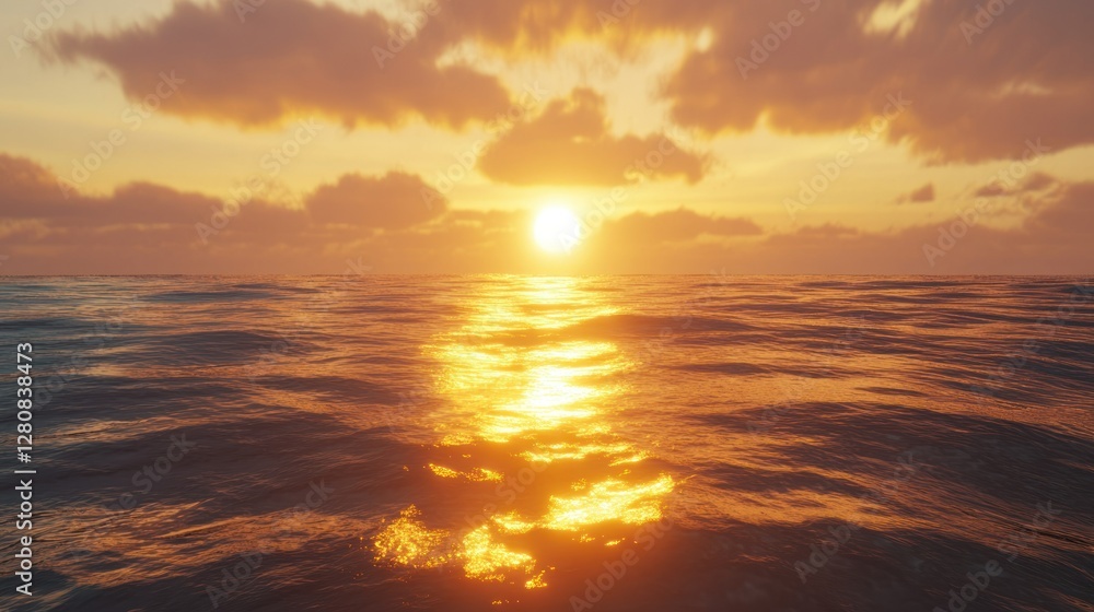 Fototapeta premium Serene sunset over calm ocean waters, reflecting golden hues with soft clouds in the sky