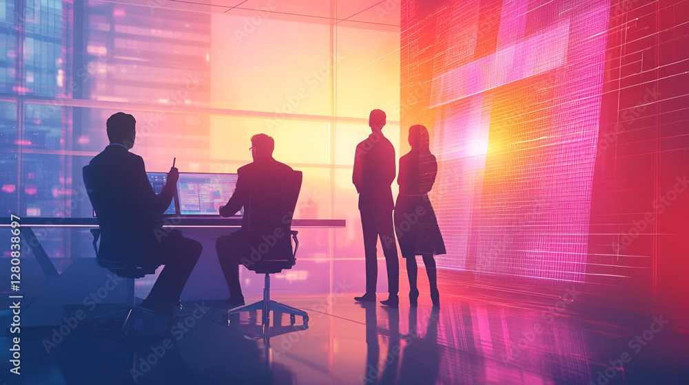 Fototapeta premium Business Team Analyzing Data in Modern Office, Futuristic Corporate Meeting with Data Analytics, Digital Business Strategy in High-Tech Office