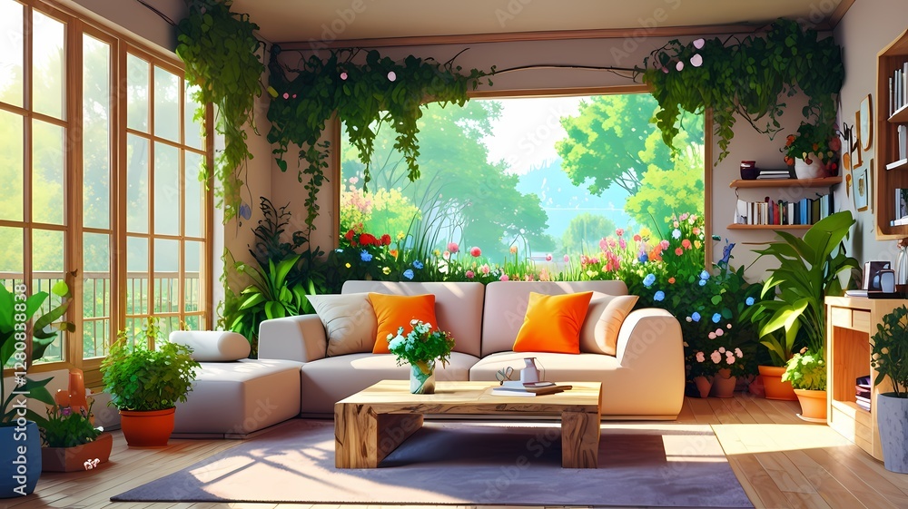 living room with comfortable sofa and fantasy garden living room with comfortable sofa and fantasy garden