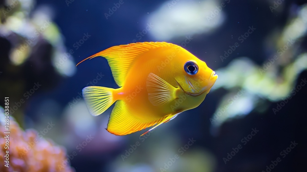 Naklejka premium Vibrant Yellow Angelfish in Aquarium: A Stunning Underwater Portrait