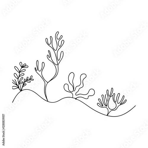 SingleLine Drawing of Diverse Seaweed and Aquatic Plants