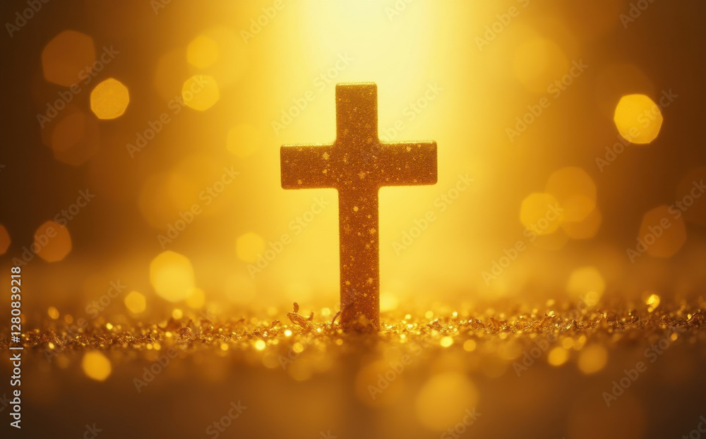 cross on LightYellow bokeh lights background cross on LightYellow bokeh lights background