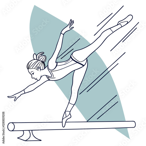 Gymnast on Balance Beam: Line Art Illustration of Female Athlete in Gymnastics Competition, Sports Graphic Design, Artistic Rendition