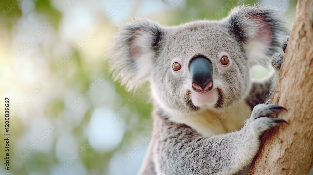 Obraz premium Koala climbing a tree in a natural habitat during daylight hours in Australia