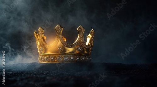 A Golden Crown Rests on Dark Ground Amidst Smoky Haze: Royalty, Power, and Mystery Unveiled