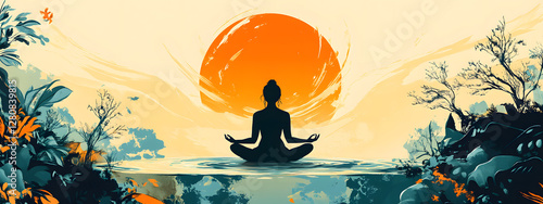 A flat vector illustration of a woman meditating in a lotus position on the planet Earth
