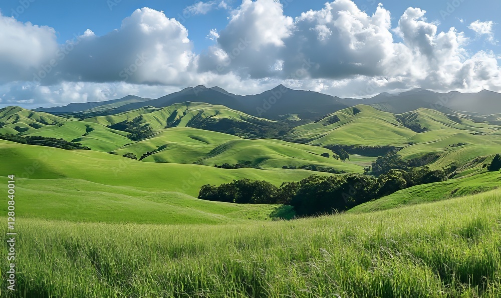 Sunny Day Panorama of a Lush Green Grass Field with Rolling Hills, Mountains, and Dramatic Clouds, Ideal for Natural Landscape Backgrounds and Relaxing Environment Sunny Day Panorama of a Lush Green Grass Field with Rolling Hills, Mountains, and Dramatic Clouds, Ideal for Natural Landscape Backgrounds and Relaxing Environment