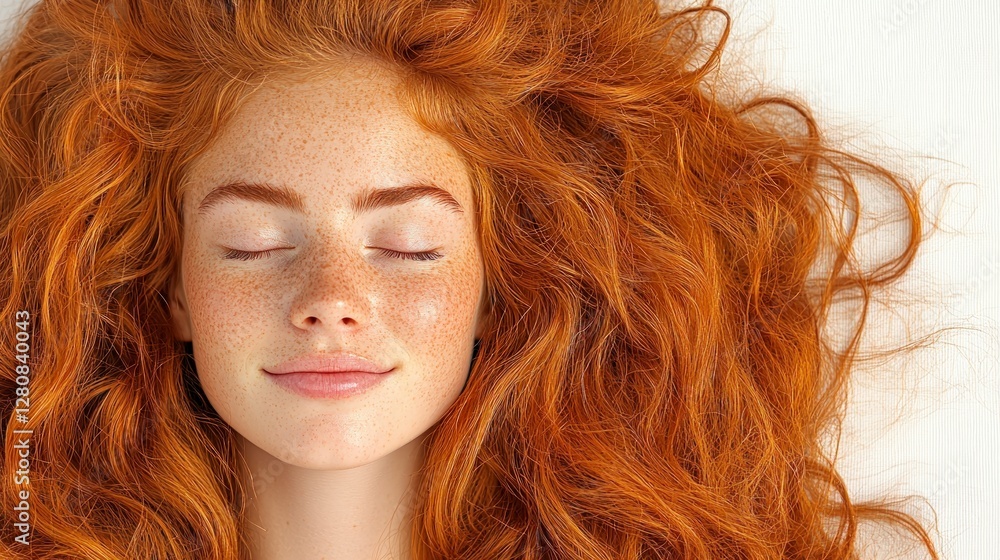 Serene Redhead Woman with Long Curly Hair Freckles Closed Eyes Peaceful Expression Serene Redhead Woman with Long Curly Hair Freckles Closed Eyes Peaceful Expression