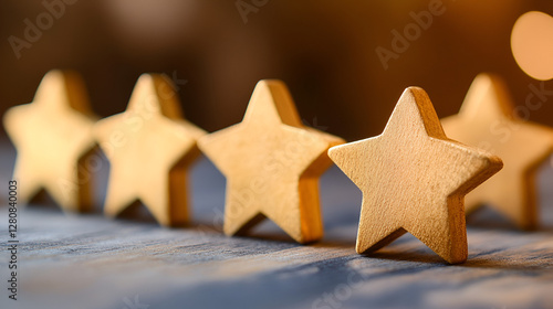 Five-Star Customer Review and Rating Concept, Quality Excellence and Five-Star Feedback Representation, Wooden Stars Representing Customer Satisfaction and Rating