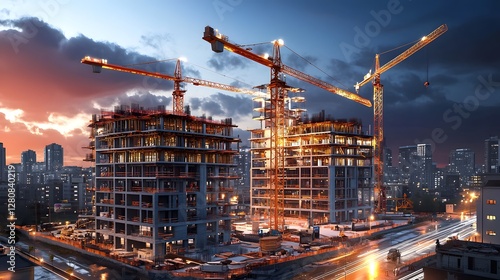 Wallpaper Mural Illuminated construction cranes lifting unfinished high rise buildings against a glowing city skyline at dusk  Long exposure shot captures the movement and activity at a major urban development site Torontodigital.ca