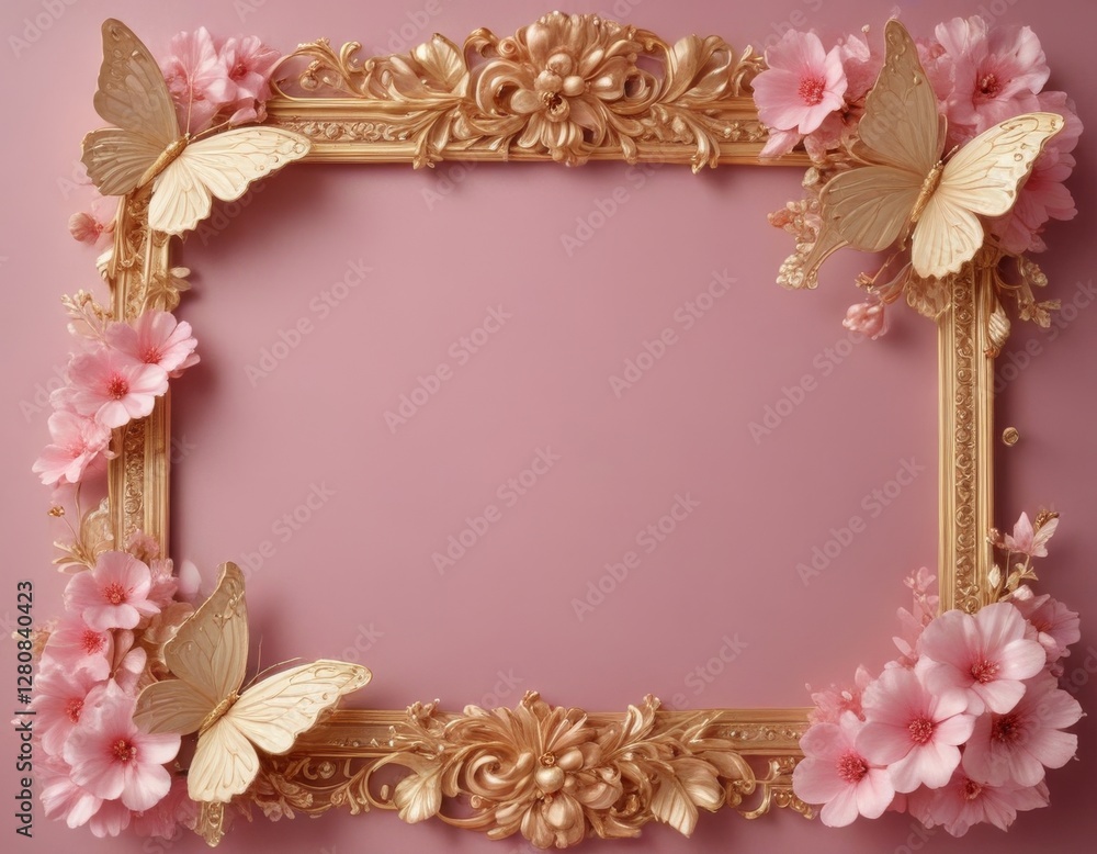 an elegant golden frame embellished with soft pink flowers and a butterfly, creating a delicate and romantic atmosphere perfect for invitations, home decor, or spring-themed designs