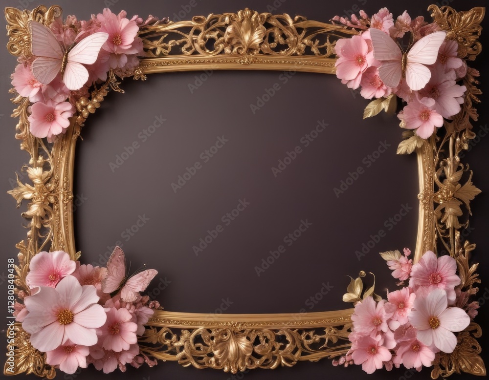 an elegant golden frame embellished with soft pink flowers and a butterfly, creating a delicate and romantic atmosphere perfect for invitations, home decor, or spring-themed designs an elegant golden frame embellished with soft pink flowers and a butterfly, creating a delicate and romantic atmosphere perfect for invitations, home decor, or spring-themed designs