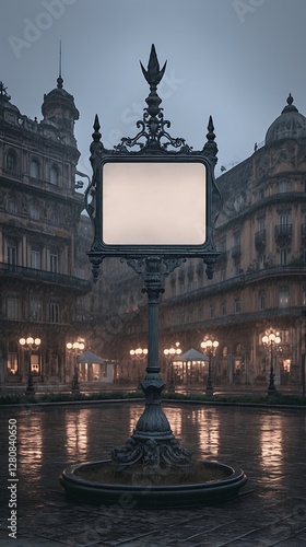 Empty signpost, city square, foggy evening