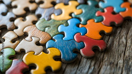 Colorful Puzzle Pieces on Wooden Surface, Close-Up of Jigsaw Puzzle Pieces Fitting Togetherl, Teamwork and Collaboration Concept with Puzzle Pieces