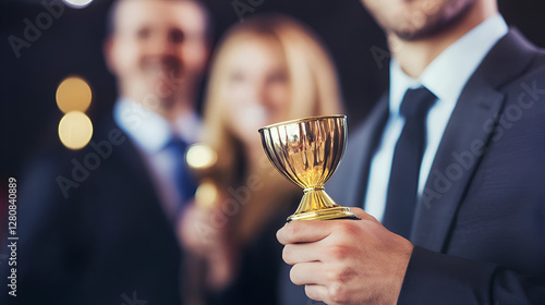 Business professionals celebrating success with trophy, Corporate award ceremony for top performers, Close-up of winner holding a golden trophy