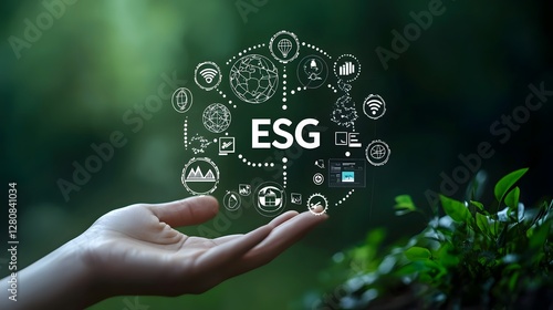 Minimalist design of a hand holding a digital interface with interconnected icons representing environmental social and governance ESG concepts on a clean modern green toned background