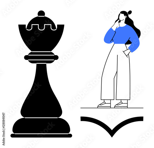 Large black-and-white chess rook next to a contemplative person dressed in blue and white, standing on a platform. Ideal for themes strategy, decision making, planning, intellect, problem-solving