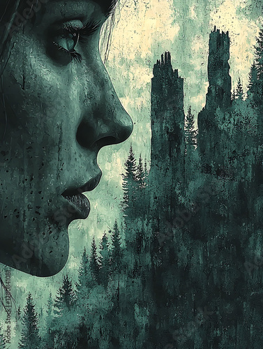 Haunting profile of a woman gazing at ominous, ruined towers nestled within a dark, atmospheric forest.