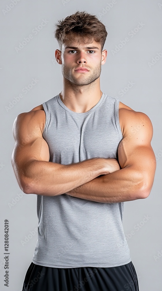 Young muscular man in a grey sleeveless shirt, arms crossed, posing against a grey background. Young muscular man in a grey sleeveless shirt, arms crossed, posing against a grey background.