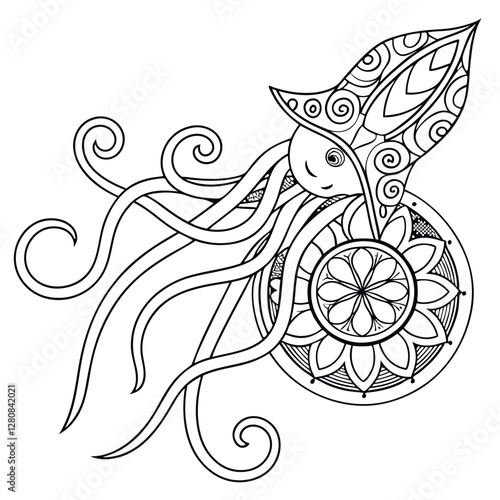 Intricate Squid Coloring Page: Detailed Mandala Style Ocean Creature Art for Relaxation & Creative Coloring Fun, Sea Life Illustration