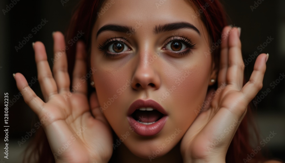 In this candid shot, the subject's eyes are wide with surprise, their mouth slightly agape as they gesture with their hands, caught in a moment of unguarded emotion.