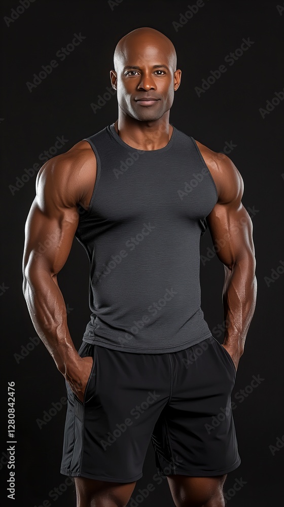 Strong, fit African American man in athletic wear poses against a dark background. Serious and confident expression. Strong, fit African American man in athletic wear poses against a dark background. Serious and confident expression.
