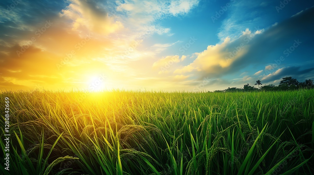 Fototapeta premium Closeup of vibrant green paddy fields in the morning