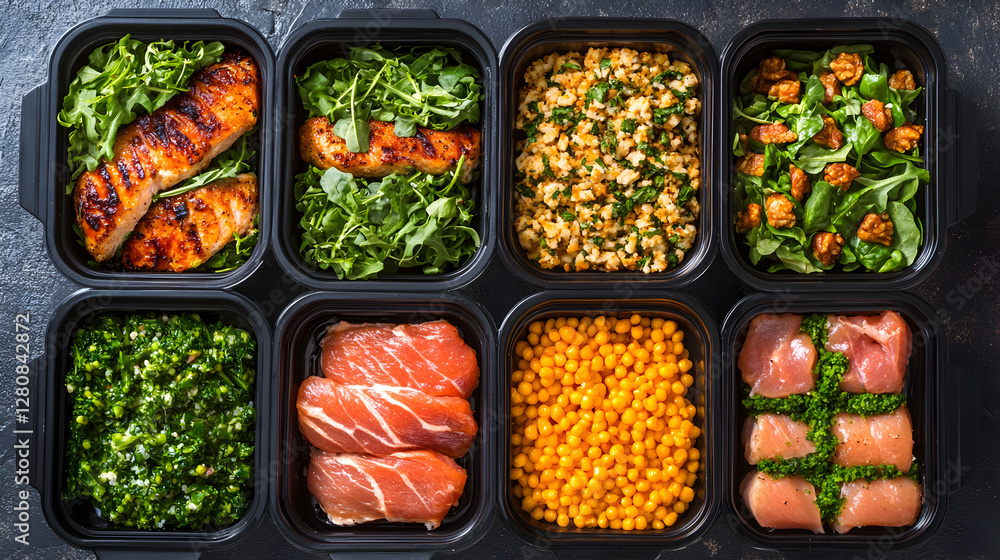 lay of healthy meal prep containers with a balanced mix of proteins, greens, and grains lay of healthy meal prep containers with a balanced mix of proteins, greens, and grains