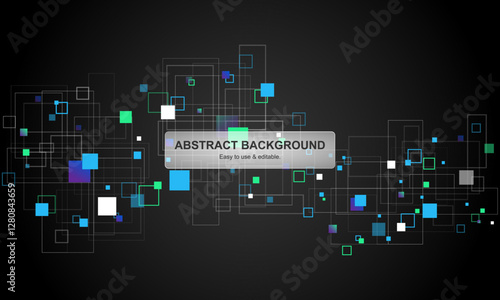 Futuristic abstract background with geometric squares on a dark theme. Ideal for tech, digital, and modern designs. Fully editable and easy to use for banners, presentations, websites. EPS 10 format.