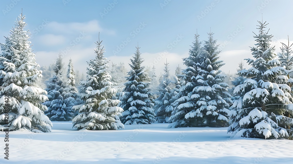 A quiet winter forest blanketed in fresh snow with scattered evergreen trees. A quiet winter forest blanketed in fresh snow with scattered evergreen trees.