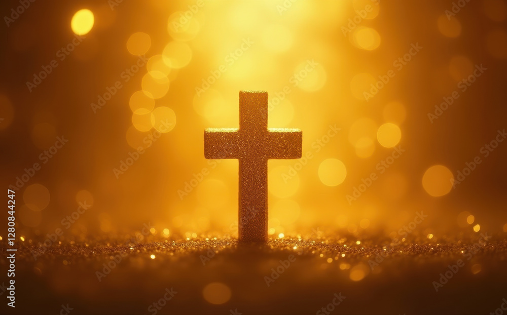cross on Gold bokeh lights background cross on Gold bokeh lights background