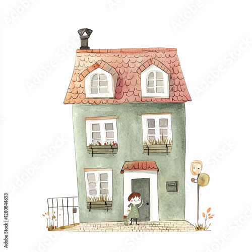 Big House in Minimal Style - Isolated Watercolor Illustration of a Spacious Home Surrounded by Nature Perfect for Modern Design and Artistic Decor