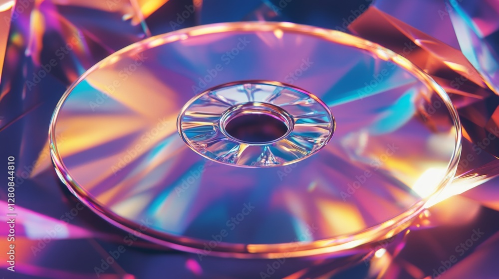 3D-rendered compact disc with a prismatic reflection, creating a nostalgic digital effect. 3D-rendered compact disc with a prismatic reflection, creating a nostalgic digital effect.
