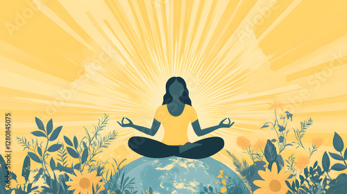 Wallpaper Mural A flat vector illustration of a woman meditating in a lotus position on the planet Earth
 Torontodigital.ca