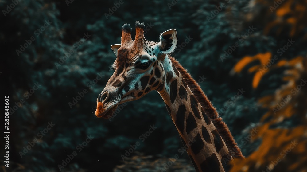 Obraz premium Giraffe portrait in dark forest.