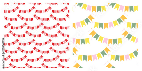 Monochrome red and Multicolored pale Pennant garlands Seamless Patterns. Festive background idea Set