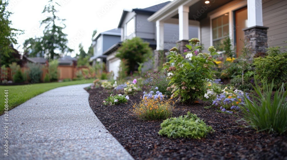 Suburban home, landscaped walkway, flowers, evening light, real estate Suburban home, landscaped walkway, flowers, evening light, real estate