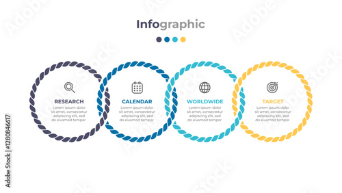 Modern infographic design template with creative rope and circle connection. Business process illustration marketing icons and outlines 4 steps or options.